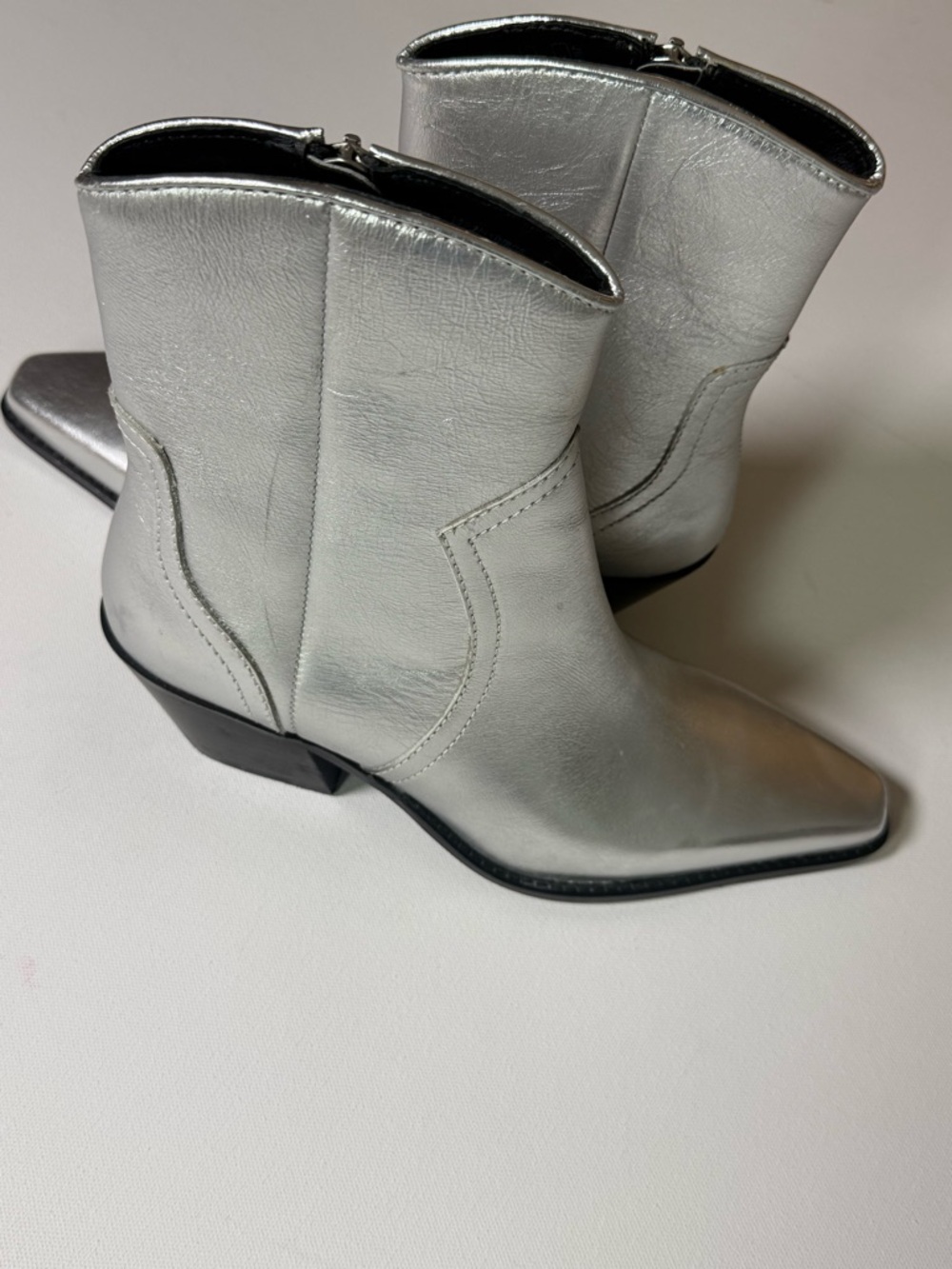 ZARA Metallic Silver Ankle Boots | Western Pointed Toe Zip Booties | Size 39 8.5 - Picture 5 of 11